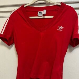 Adidas Women's Red V-Neck Tee with White Stripes